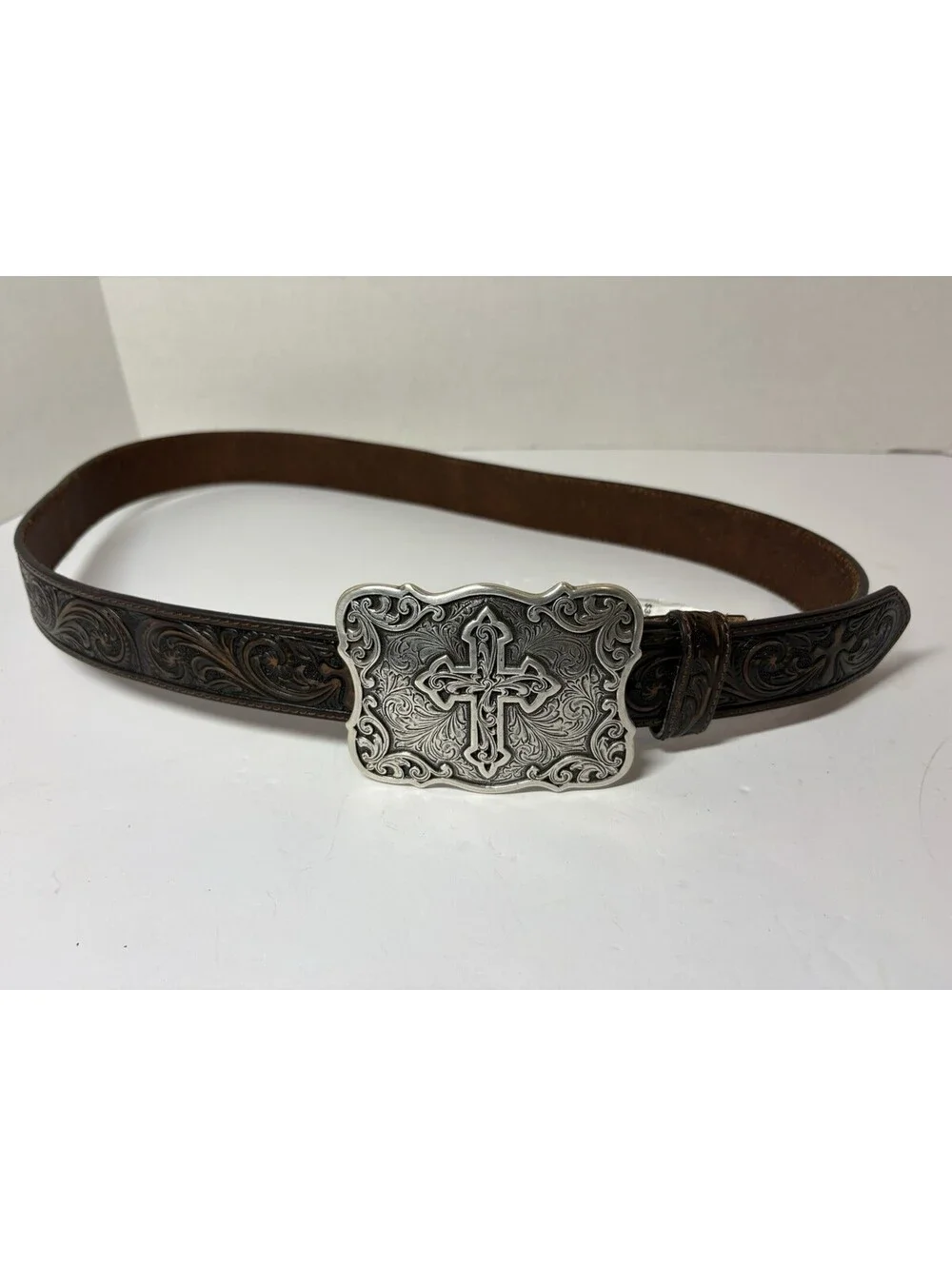 Nocona Women's Leather Belt Size XL Brown Tooled Floral And Cross Western